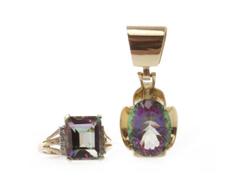 MYSTIC TOPAZ PENDANT AND RINGthe pendant set with an oval mystic topaz 16mm high in an ornate open setting, 34mm high includi