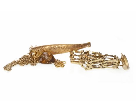 NINE CARAT GOLD GATE BRACELETwith heart shaped padlock clasp; along with nine carat gold bangle with engraved decoration, nin