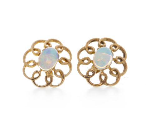 PAIR OF NINE CARAT GOLD OPAL STUD EARRINGSeach set with a single oval opal 7mm long within an open work looping setting, 2.6g