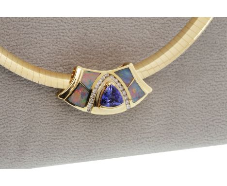 TANZANITE, DIAMOND AND OPAL NECKLETwith a slider pendant set with a central trilliant cut tanzanite 7.6mm wide and flanked by