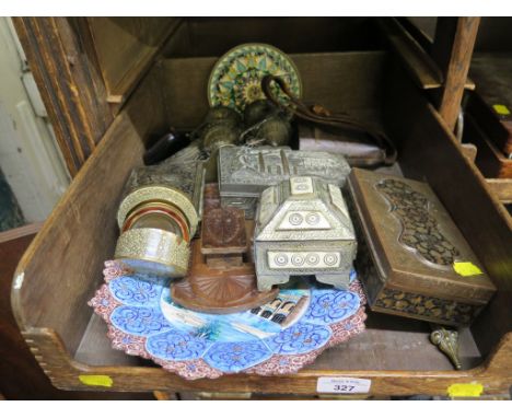 A painted enamel Islamic plate, various Eastern boxes and other metalwares