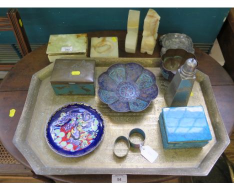 Various Eastern brass and enamel dishes, napkin rings, boxes, brass tray, onyx table wares, pewter sugar sifter and a Rosenth