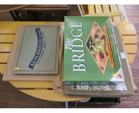 Various collectable items related to card playing and bridge, including Autobridge sets, playing boards, Solobridge, goblets,