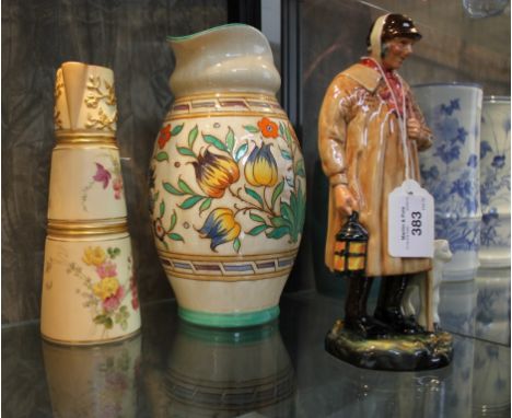 A Bursley ware Charlotte Rhead jug with floral decoration, 23.5cm high, a Royal Worcester conical jug with floral design 20cm
