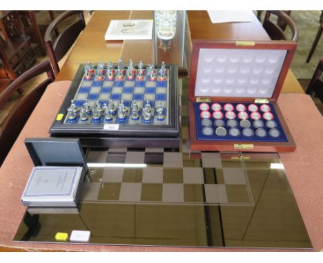 Franklin Mint Battle of Waterloo chess set, with description cards, and The Battle of Waterloo Checkers set with additional b