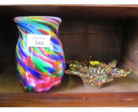 A vintage Murano glass star shaped candy dish with original label to base together with a multi coloured glass vase with etch