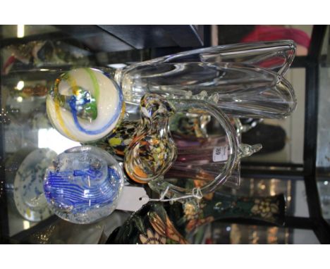 Two Caithness paperweights, a Murano glass basket and two vases (5)