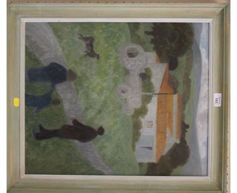 Morwenna Thistlethwaite Figures with tractor and barns Oil on board 53cm x 44cm With preliminary watercolour and sketch, both