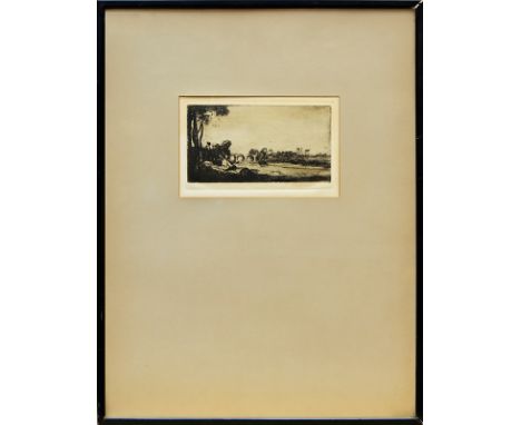 SIR DAVID YOUNG CAMERON RA RSA (SCOTTISH 1865 - 1945), 
PASTORAL
etching, signed in pencil
11cm x 18cm
Mounted, framed and un