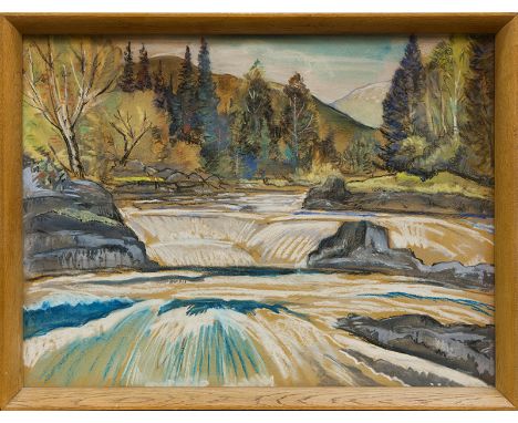 * ERNEST ARCHIBALD TAYLOR (SCOTTISH 1874 - 1951), 
BENLISTER FALLS, ARRAN 
mixed media 
38cm x 51cm 
Framed and under glass