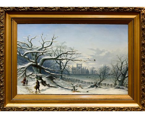 JAMES HUME NISBET (SCOTTISH 1849 - 1923),
WINTER SCENE
oil on canvas, signed and dated 1876
52cm x 82cm
Framed
Note: Nisbet w