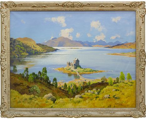 ROBERT HOUSTON RSW (SCOTTISH 1891 - 1942),
EILEAN DONAN CASTLE
oil on canvas, signed 
70cm x 90cm 
Framed and under glass.
No