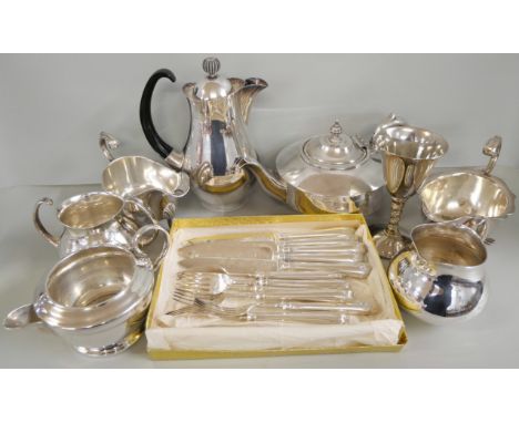 A collection of silver plated items to include a three piece Elkington coffee service designed by Eric Clementy W29945, A Map