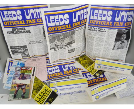 A collection of 1970s Leeds United fan club memorabilia including fifteen autographs on a single sheet, (sheet a/f, ripped), 
