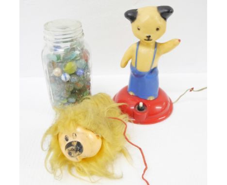 An original 1960's Sooty night light, a Magic Roundabout Dougall finger puppet and a jar of approximately 100 marbles