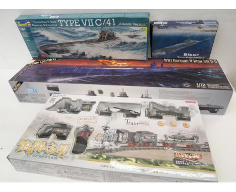 Four boxed models to include a Japanese train set, Revell Type VII C/41 German U-Boat, a smaller model and a model World War 