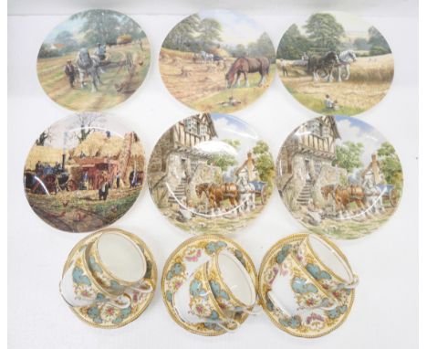 A set of six Aynsley bone china cups and saucers and a collection of decorative plates comprising three Wedgwood farming them