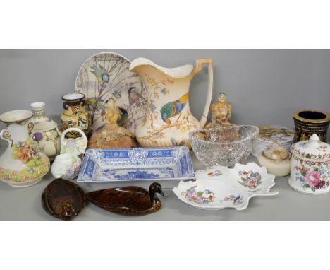 A collection of porcelain china and glass including Spode, Royal Doulton, Aynsley, Royal Worcester, etc., and a pair of Shell