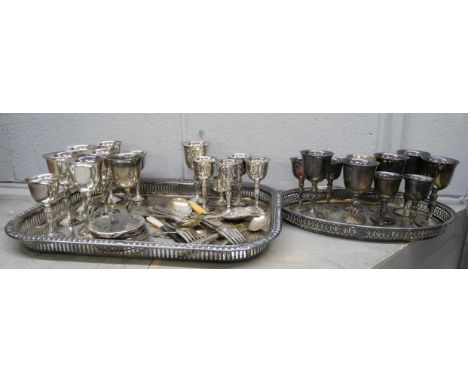 Collection of silver plated items comprising of two plated trays, plated goblets and some flatware **PLEASE NOTE THIS LOT IS 