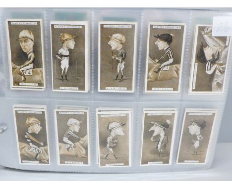 An album of sporting cigarette cards, including players 'Racing Caricatures', Footballers 1928, Cricketers 1934 and 1938, etc