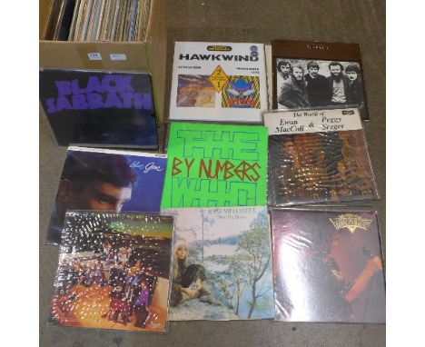 A box of approximately 60 LPs including Hawkwind, Led Zeppelin, Aerosmith, Rolling Stones, Rory Gallagher, etc.