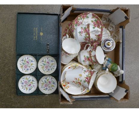 A Royal Stafford Olde English Garden part tea service, a Queen Anne part tea service, four Minton dishes, boxed, two figures,