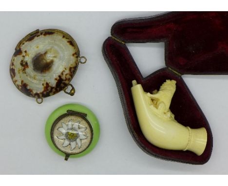 A Meerschaum pipe, a/f, a patch box and a shell purse