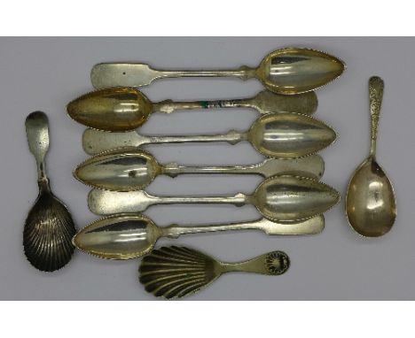 A silver caddy spoon, two other caddy spoons and six white metal spoons marked 13, 102g