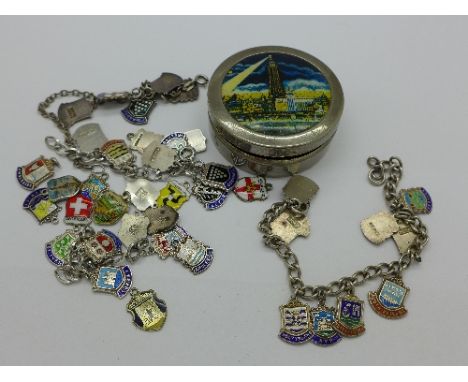 Three silver and enamel charm bracelets including one baby's, and loose charms, 65g