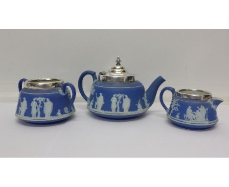 A small three piece Wedgwood Jasperware tea service