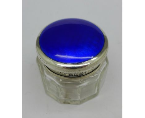 A silver and guilloche enamel topped jar, Birmingham 1942