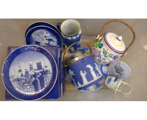 Ten Royal Copenhagen Christmas plates, 1988 to 1998 (excluding 1997), a Royal Copenhagen lidded dish, a Poole biscuit barrel,