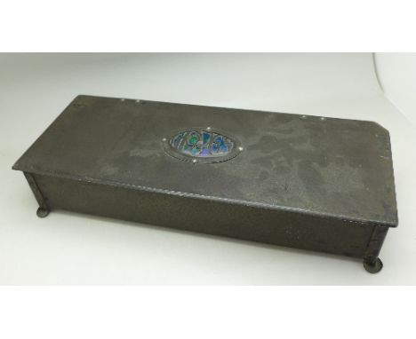 A pewter gloves box with enamel, hinges a/f