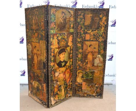 A Victorian decoupage three fold room screen, each panel 175 x 180cm.       