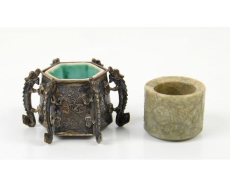 Pair of small Chinese white metal vessel of hexagonal form, containing a fitted porcelain inkwell, the metal marked in a rect