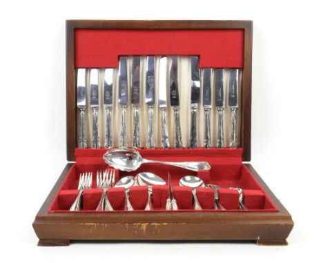 Quantity of silver plate including cased flatware, a silver plated Corinthian column candlestick, waiter and dancing trophy e