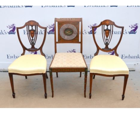 Pair of Sheraton Revival inlaid mahogany shield back chairs, on tapered legs and spade feet, together with a floral painted s