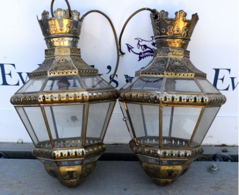 Pair of pierced metal and glass ceiling lights, 42cm.       Some light scratching to glass and heavy scratch to one pane pane