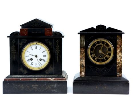 Two black slate mantel clocks, Sold on behalf of the Haven Foundation.       CONDITION REPORT Clock with white enamel dial - 