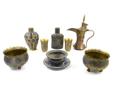 Chinese pewter tea caddy, Chinese white metal bowl, cloisonné plate, Middle Eastern coffee pot and a pair of champlevé enamel