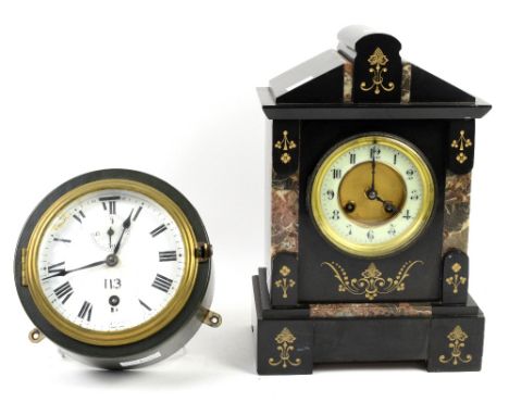 Slate mantel clock with drum movement and Arabic dial, together with a bulk head clock with Roman enamel dial (2).       COND