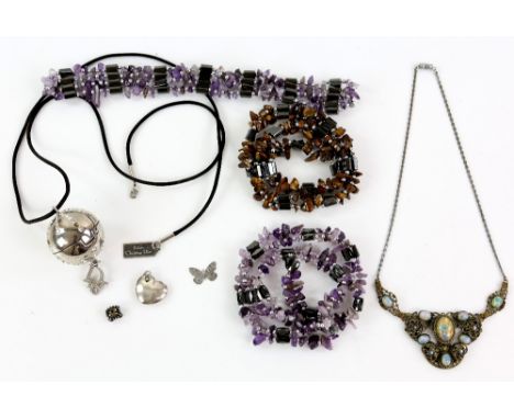 1940's foil backed glass necklace, with two amethyst and hematite necklaces, tigers eye and hematite necklace, silver heart p