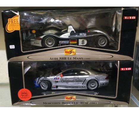 MAISTO: A 1:18 scale boxed model car of an Audi R8R Le Mans together with a 1:18 scale boxed model of a Mercedes-Benz CLK-DTM