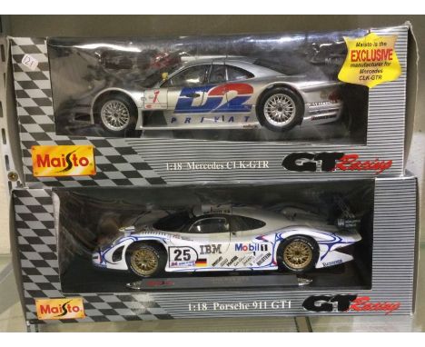 MAISTO: A 1:18 scale boxed model of a Mercedes CLK-GTR together with a 1:18 scale boxed model of a Porsche 911 GT1. Est. £30 