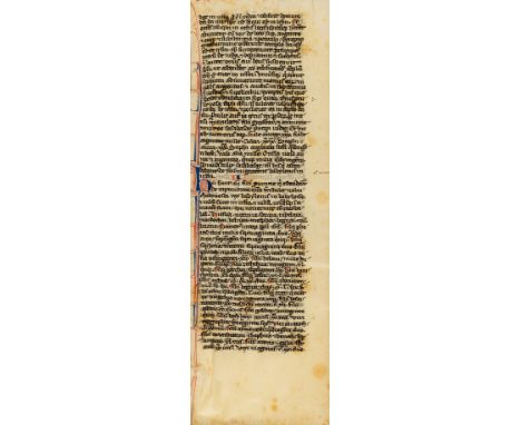 Bible, Latin. Part of a leaf from a bible, manuscript in Latin, on vellum, in a small Gothic bookhand, in black ink, 1 red an