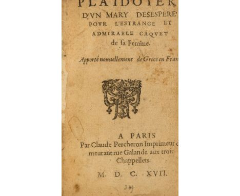 [Morel (Fédéric)] Plaidoyer d'un Mary despere pour l'estrange et admirable caquet de sa Femme, trimmed close at upper and for