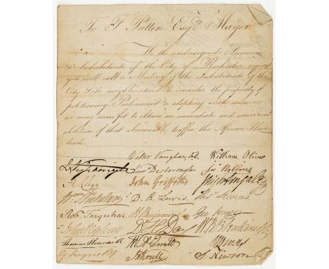 Slavery.- Petition by the inhabitants of Rochester to F. Patten Mayor "to consider the propriety of petitioning Parliament...