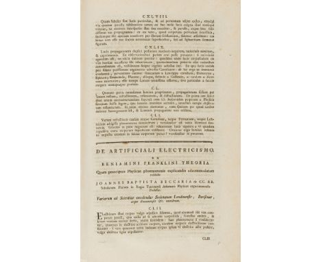 NO RESERVE Franklin (Benjamin).- Beccaria (Giovanni Battista) 'De Artificiali Electricismo ex Beniamini Franklini Theoria' in