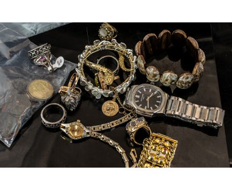 Collection of Continental Costume Jewellery, comprising a silver and white tone flower expanding bracelet, a tortoiseshell ef