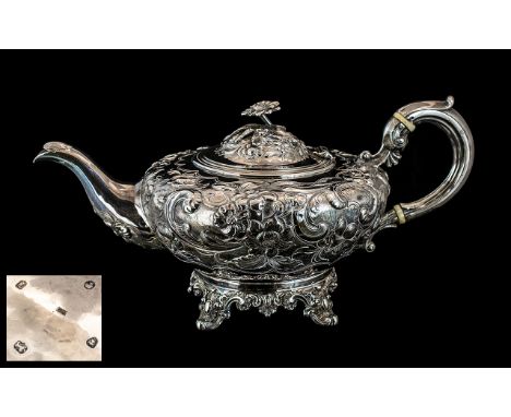 Early Victorian Period Superb and Large Sterling Silver Teapot ( Impressive ) With Wonderful Embossed Decoration to Body and 